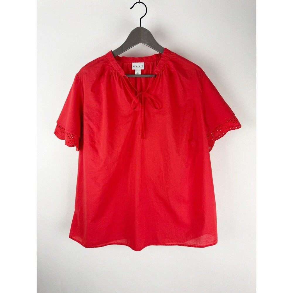 Ava & Viv Top Women's Orange Eyelet Flutter Short Sleeve Tie Neck BlouseSize 1X
